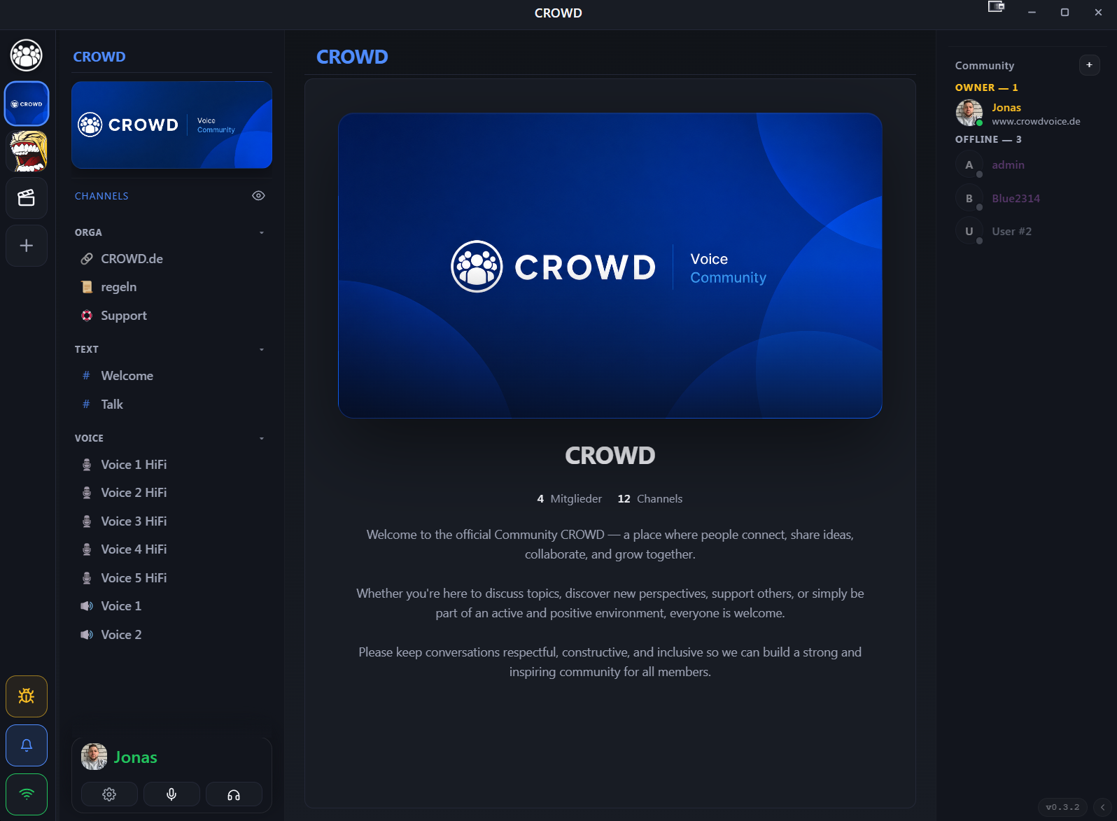 Screenshot der CROWD-Desktop-App: Server-Rail, Voice-Channels, Mitgliederliste